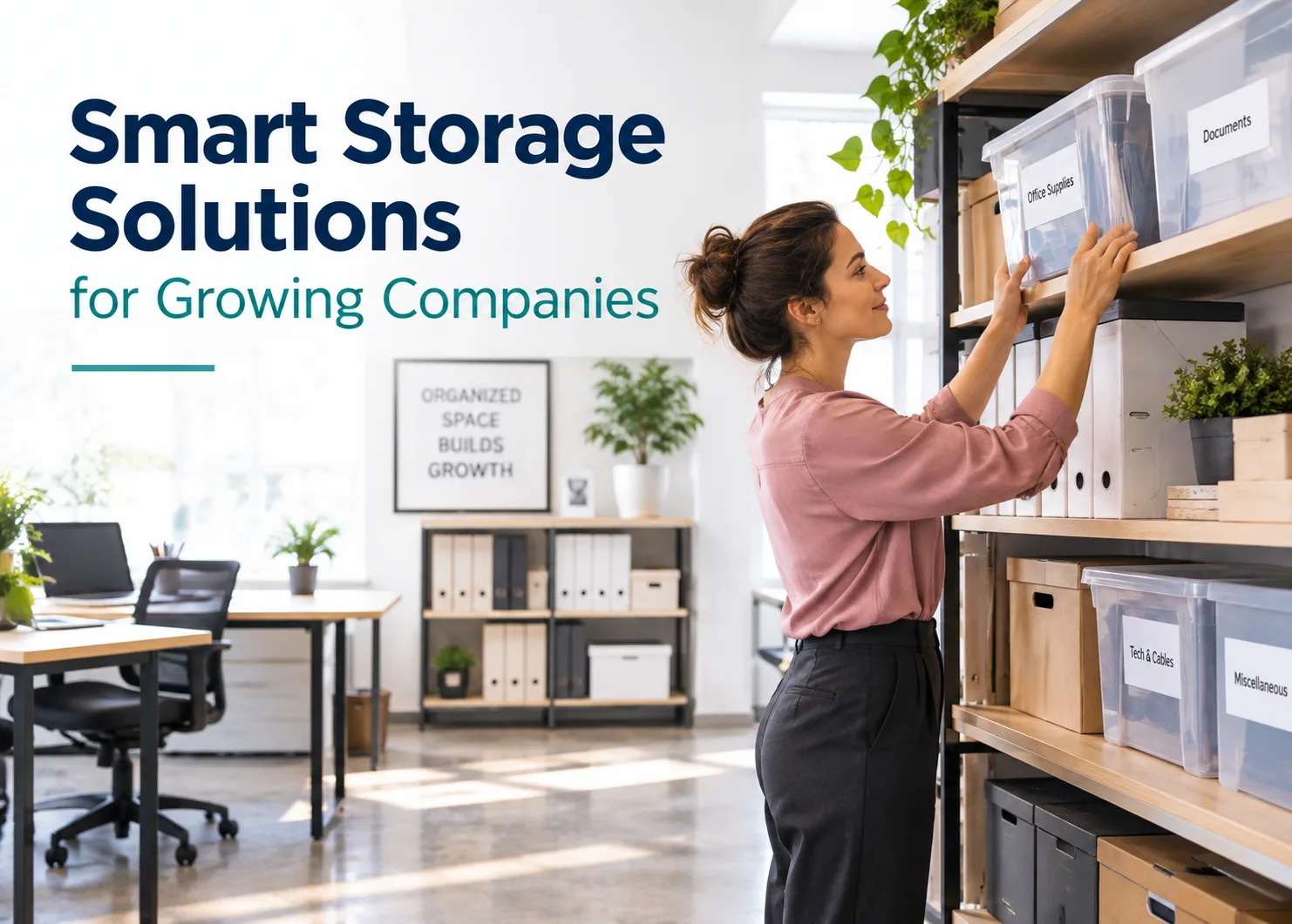 Modern office featuring smart storage solutions, organized shelving, labeled transparent containers, document boxes, and multifunctional storage spaces. A professional woman arranges supplies while desks, plants, cabinets, and neatly categorized office essentials create an efficient, flexible workspace designed for growing companies.